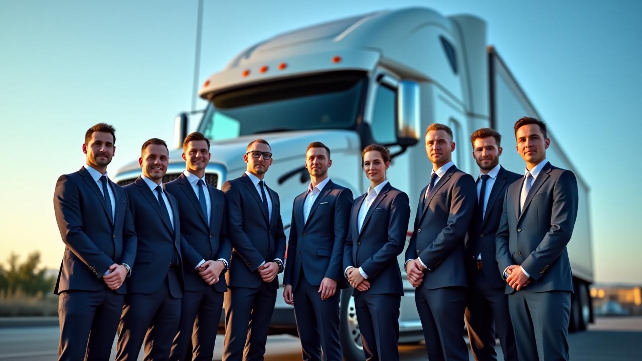 Hulstein Transportation leadership team standing professionally in front of a modern heavy-duty truck