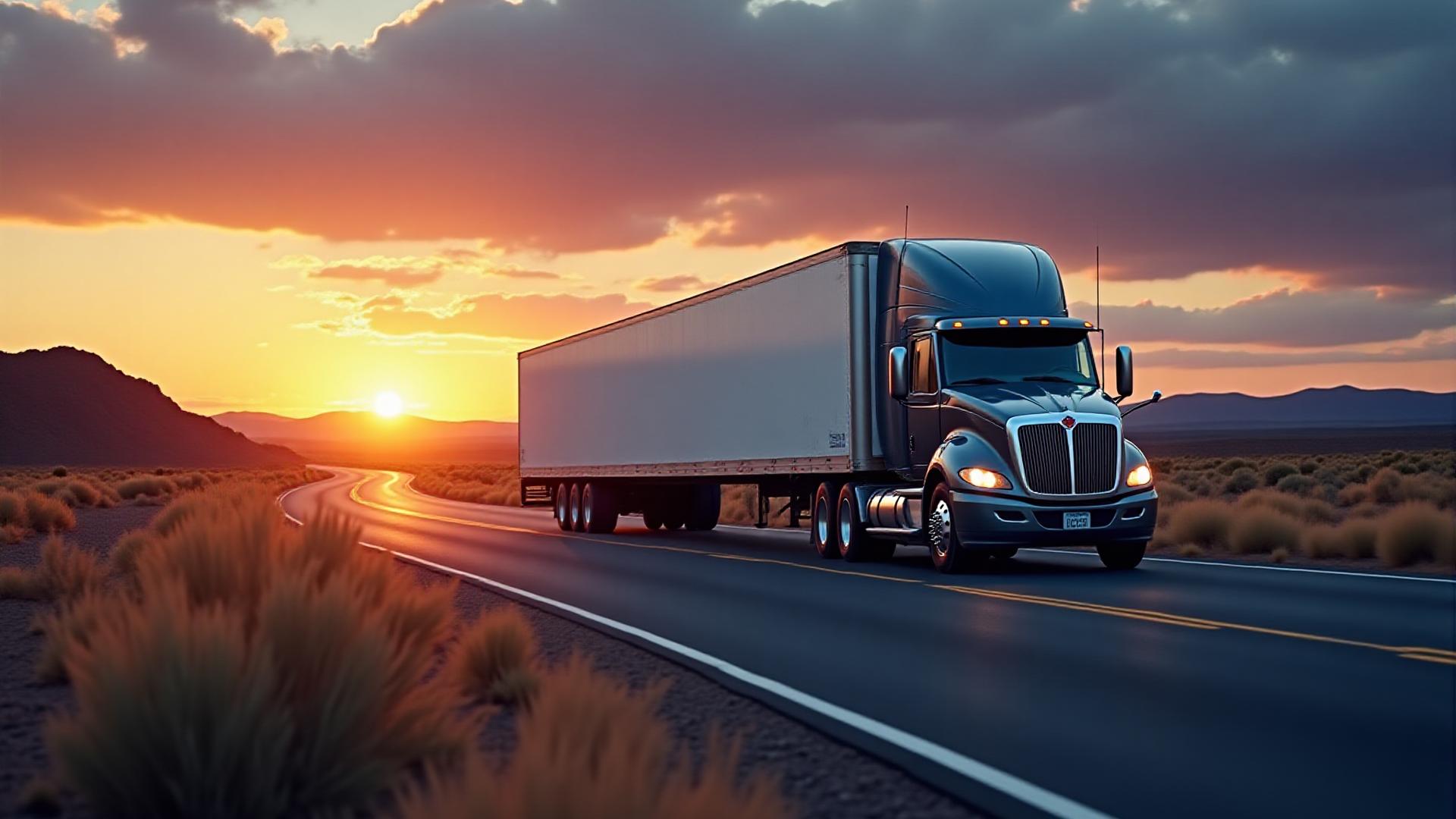 Hulstein Transportation semi-truck driving through the scenic High Desert of Oregon at dusk
