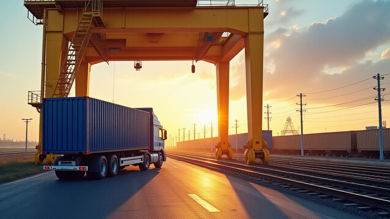 Intermodal container being transferred from a Class I freight train to a Hulstein truck chassis
