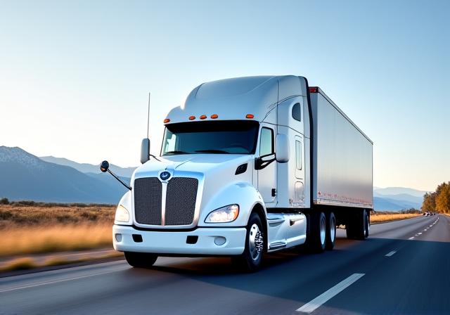 Clean white Hulstein semi-truck and dry van trailer on a scenic road