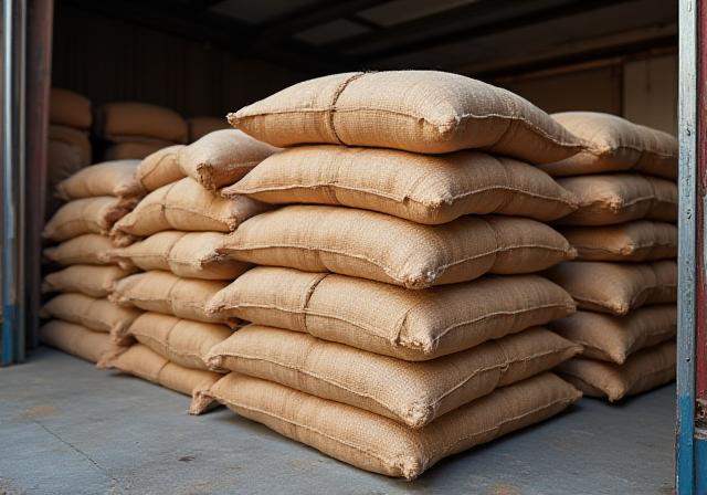Sacks of Oregon potatoes and onions