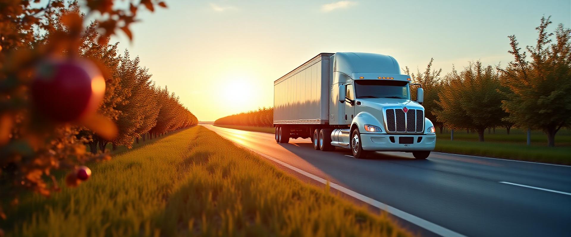 Refrigerated truck passing through Oregon apple orchards during harvest