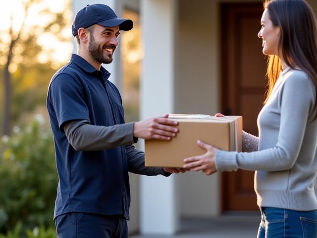 A delivery professional handing a customer a package in a busy urban neighborhood